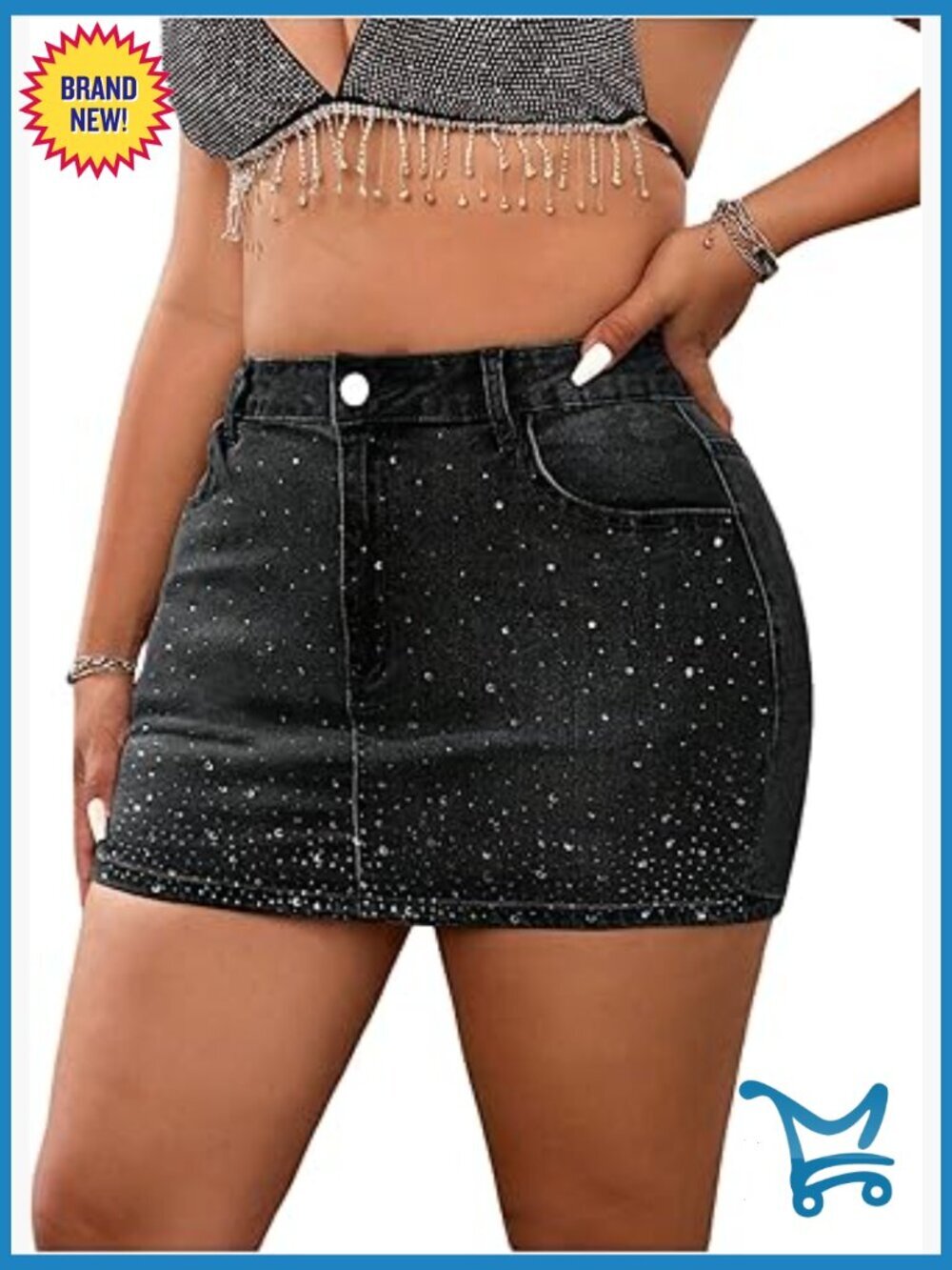 Plus Size Rave Rhinestone Glitter Denim Mini Skirt with Pockets
